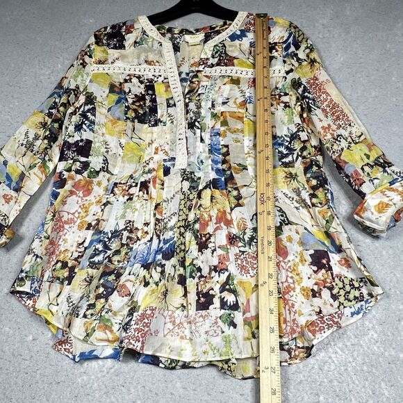 Maeve Anthropologie Blouse 10 Floral Abella Pintuck  Roll Tab Sleeve Crochet - Picture 7 of 12